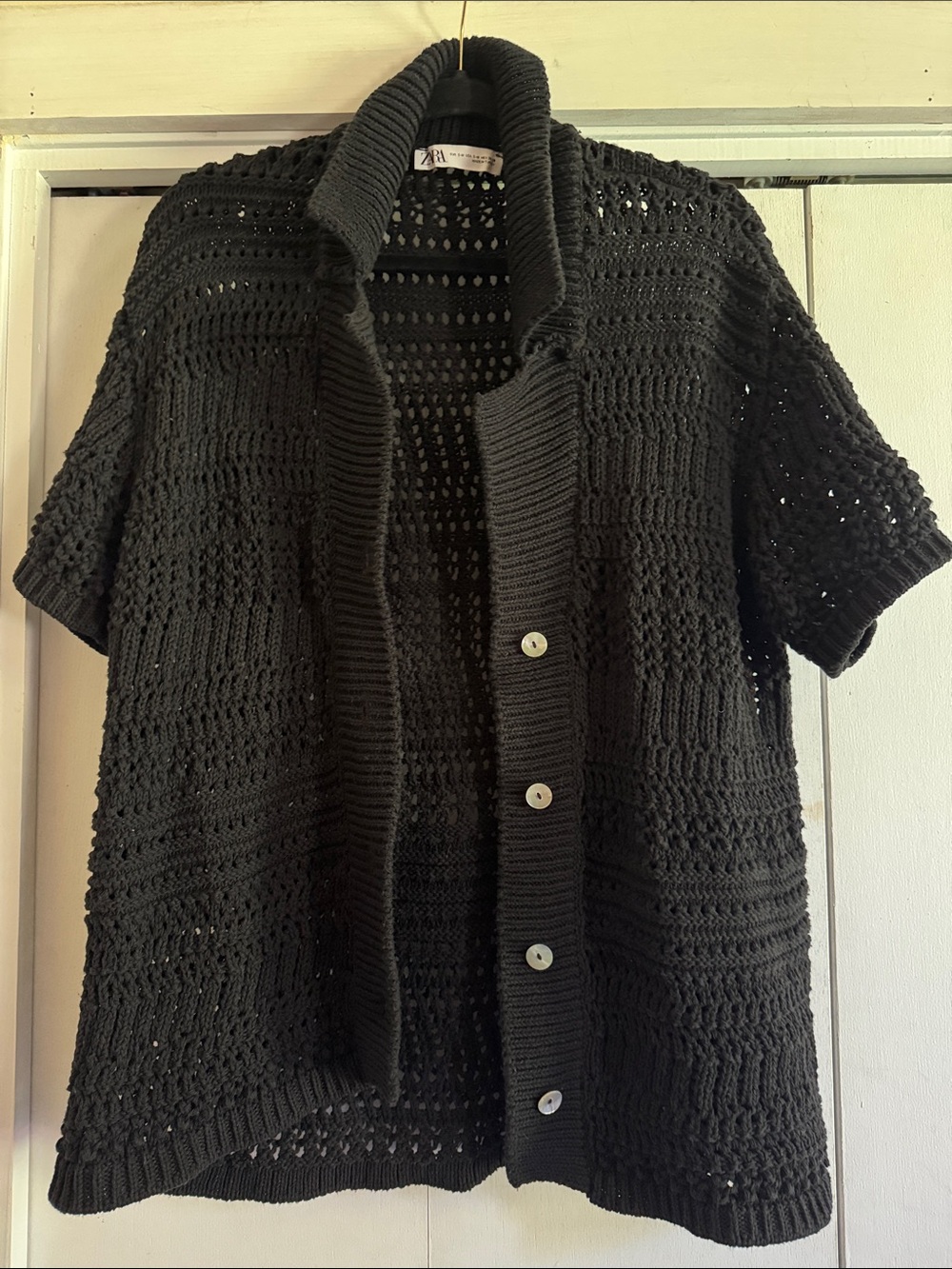 Zara Black Open-Knit Short-Sleeve Cardigan